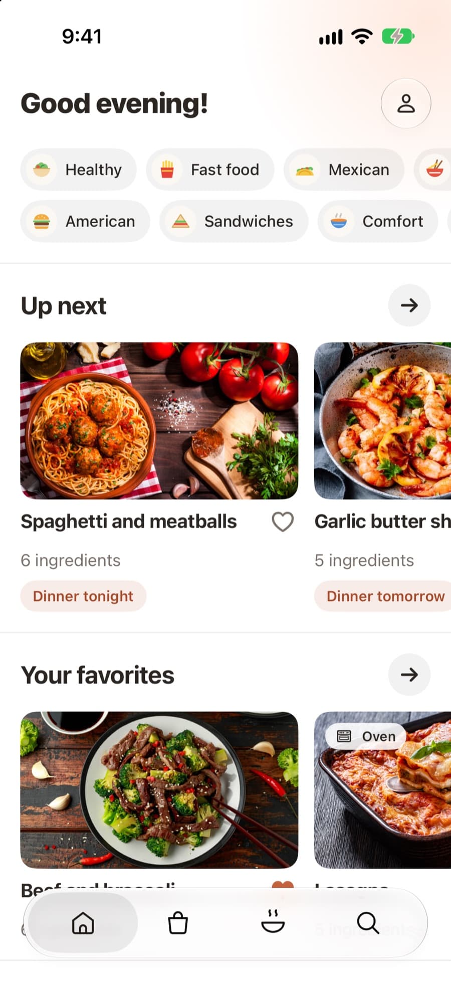 Oat's Home screen with dinner ideas for tonight